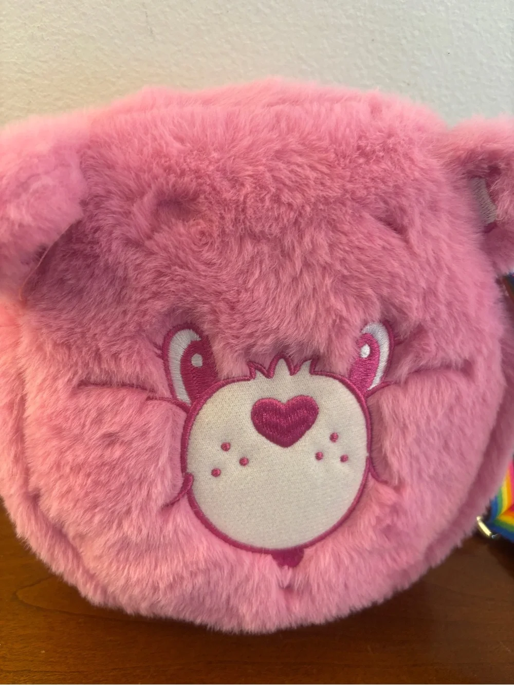 Care Bears Cheer Bear Pink Plush Crossbody Bag Rainbow Strap NWOT